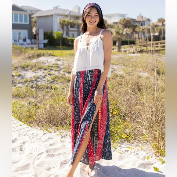 NATURAL LIFE Navy Red Mixed Print Maxi Skirt Bandana Country Coastal Boho Size S - Picture 2 of 14